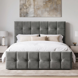 [Double | Dark Grey] Front view of tufted ottoman bed centred between floating nightstands with matching ceramic lamps and