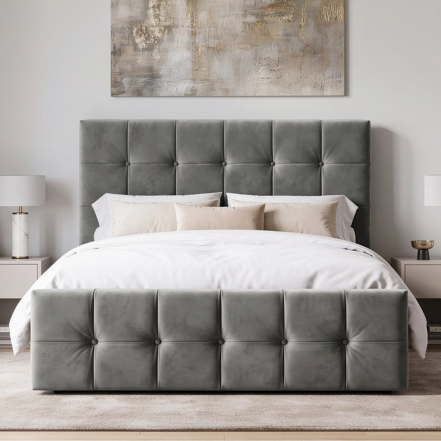 [Double | Dark Grey] Front view of tufted ottoman bed centred between floating nightstands with matching ceramic lamps and