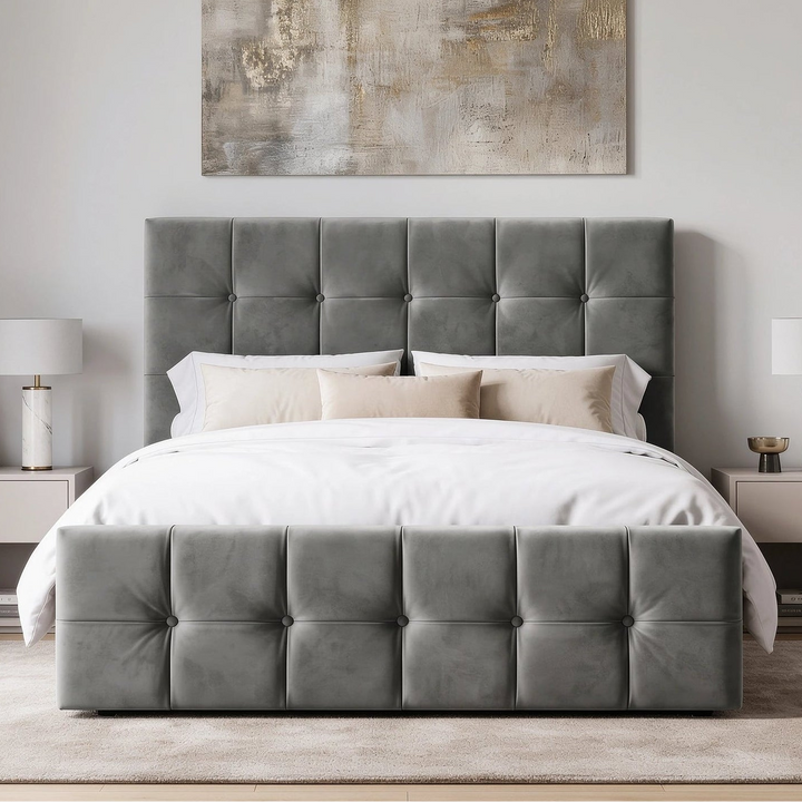[Double | Dark Grey] Front view of tufted ottoman bed centred between floating nightstands with matching ceramic lamps and