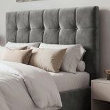 [Double | Dark Grey] Headboard detail showing deep button tufting on velvet square ottoman bed