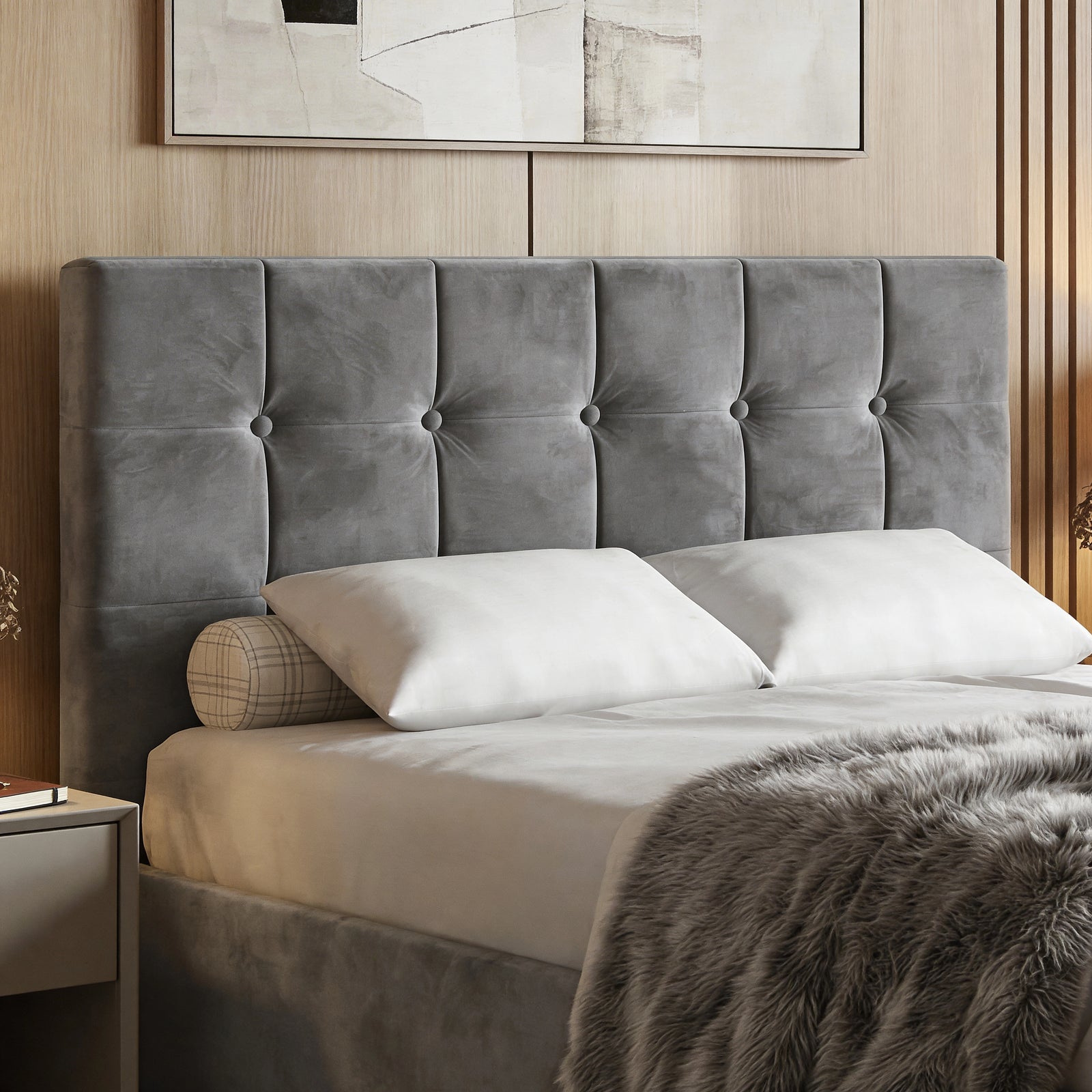 [Double | Dark Grey] Headboard detail showing deep button tufting on velvet squares with oak slat wall and abstract art