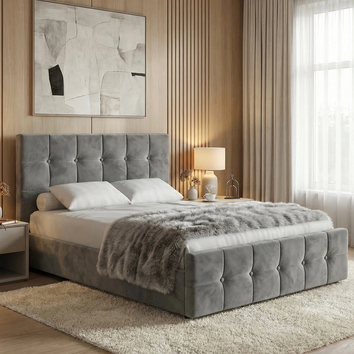 [Double | Dark Grey] Side angle of tufted ottoman bed against warm oak vertical slat panelling with abstract art in gold