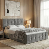 [Double | Dark Grey] Side angle of tufted ottoman bed against warm oak vertical slat panelling with abstract art in gold
