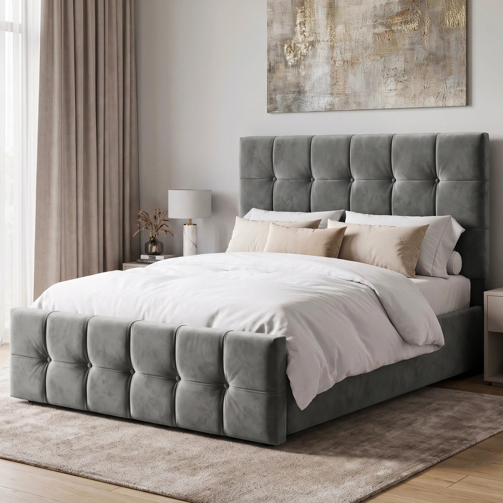 [Double | Dark Grey] Side angle of tufted ottoman bed against warm white wall with abstract art in rectangular