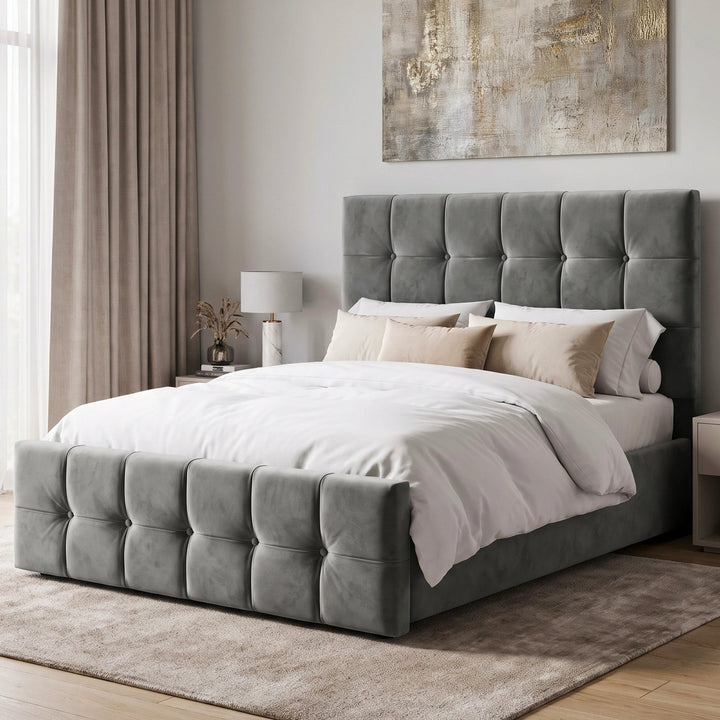 [Double | Dark Grey] Side angle of tufted ottoman bed against warm white wall with abstract art in rectangular