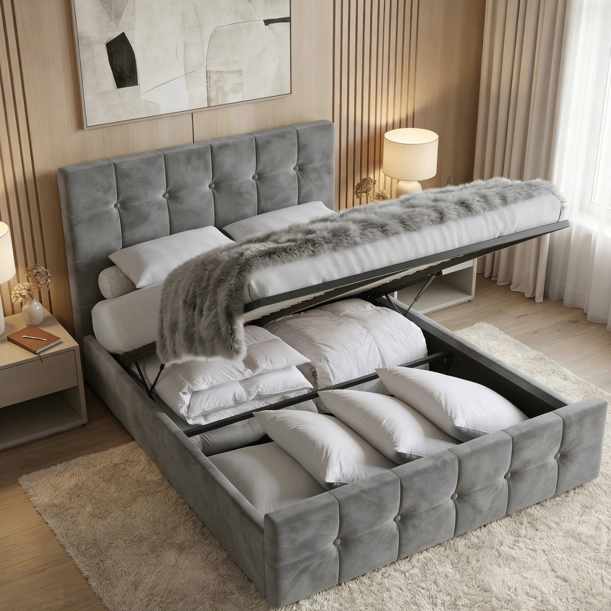 [Double | Dark Grey] Ottoman bed lifted open revealing deep storage filled with pillows and folded duvets in warm slatted