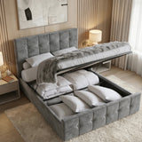 [Double | Dark Grey] Ottoman bed lifted open revealing deep storage filled with pillows and folded duvets in warm slatted