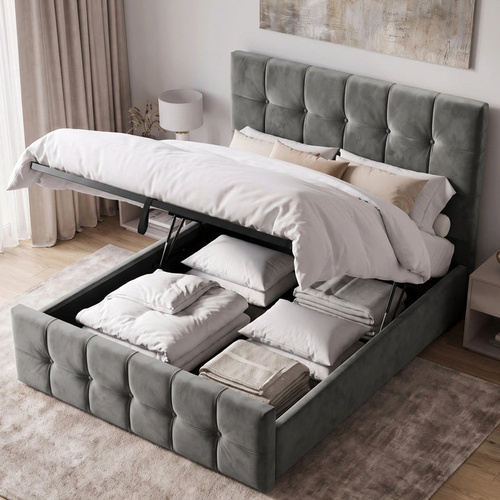 [Double | Dark Grey] Ottoman bed lifted open revealing deep storage filled with pillows and folded duvets in warm slatted