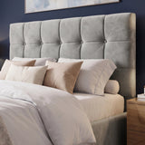 [Double | Grey] Headboard detail showing deep button tufting on velvet squares with abstract geometric art above