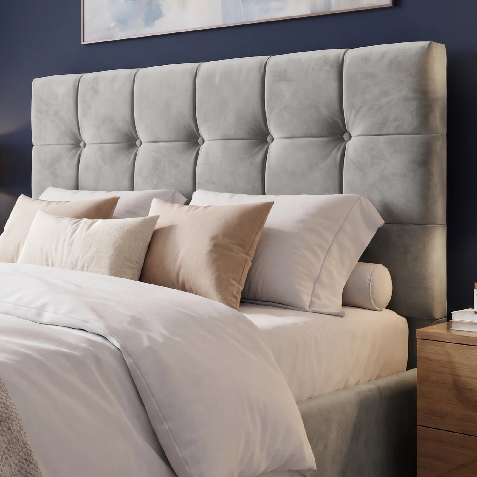 [Double | Grey] Headboard detail showing deep button tufting on velvet squares with abstract geometric art above