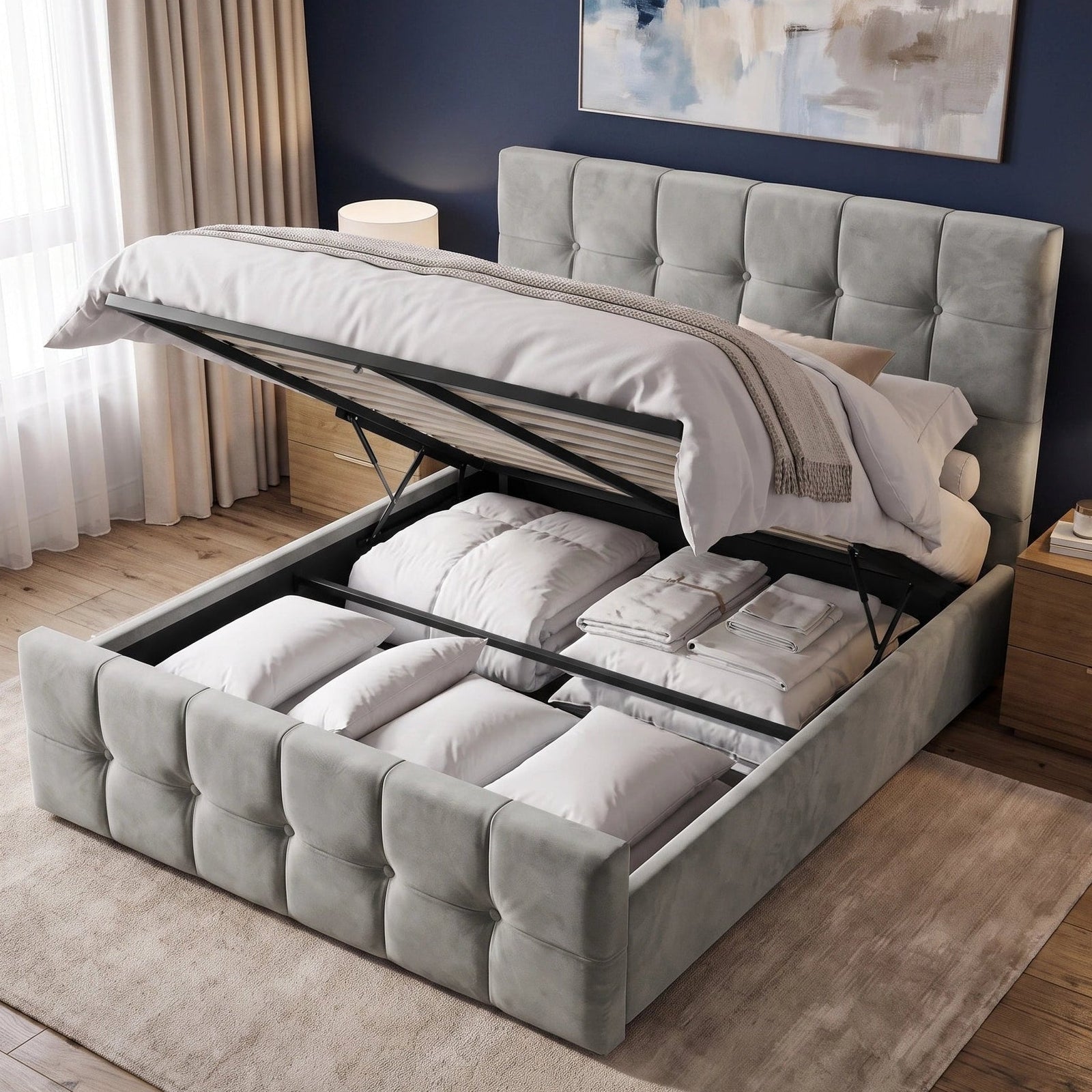 [Double | Grey] Ottoman bed lifted open showing deep storage with pillows and duvets in modern blue wall room