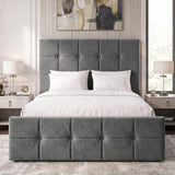 [Small Double | Dark Grey]  upholstered bed with a tufted headboard and matching footboard, styled in a bright, contemporary bedroom with white bedding, bedside tables, lamps, and a large abstract painting above.