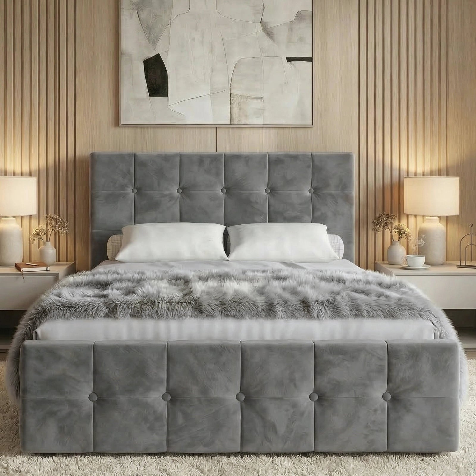 [Small Double | Dark Grey] Front view of tufted ottoman bed centred between nightstands with matching ceramic lamps and