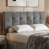 [Small Double | Dark Grey] Close-up of square-tufted headboard with five covered buttons and plaid bolster cushion resting