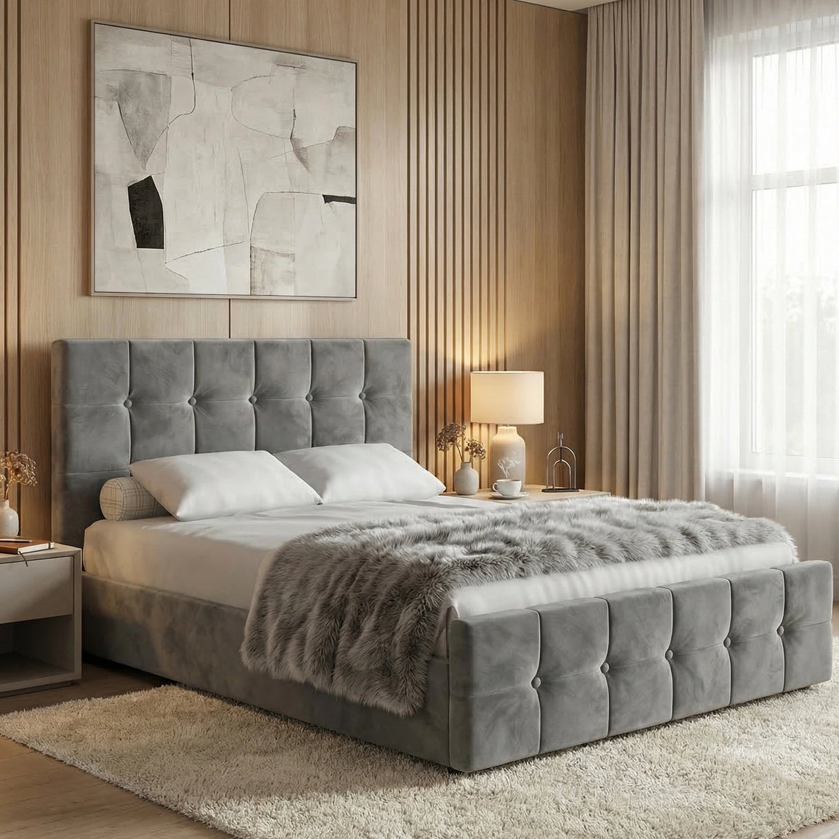 [Small Double | Dark Grey] Side angle of tufted ottoman bed against warm oak slat panelling with abstract geometric art above