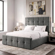 [Small Double | Dark Grey] upholstered bed frame in a modern bedroom setting, featuring a grey -colored headboard and footboard with a matching upholstered base, dressed in white and light gray bedding.