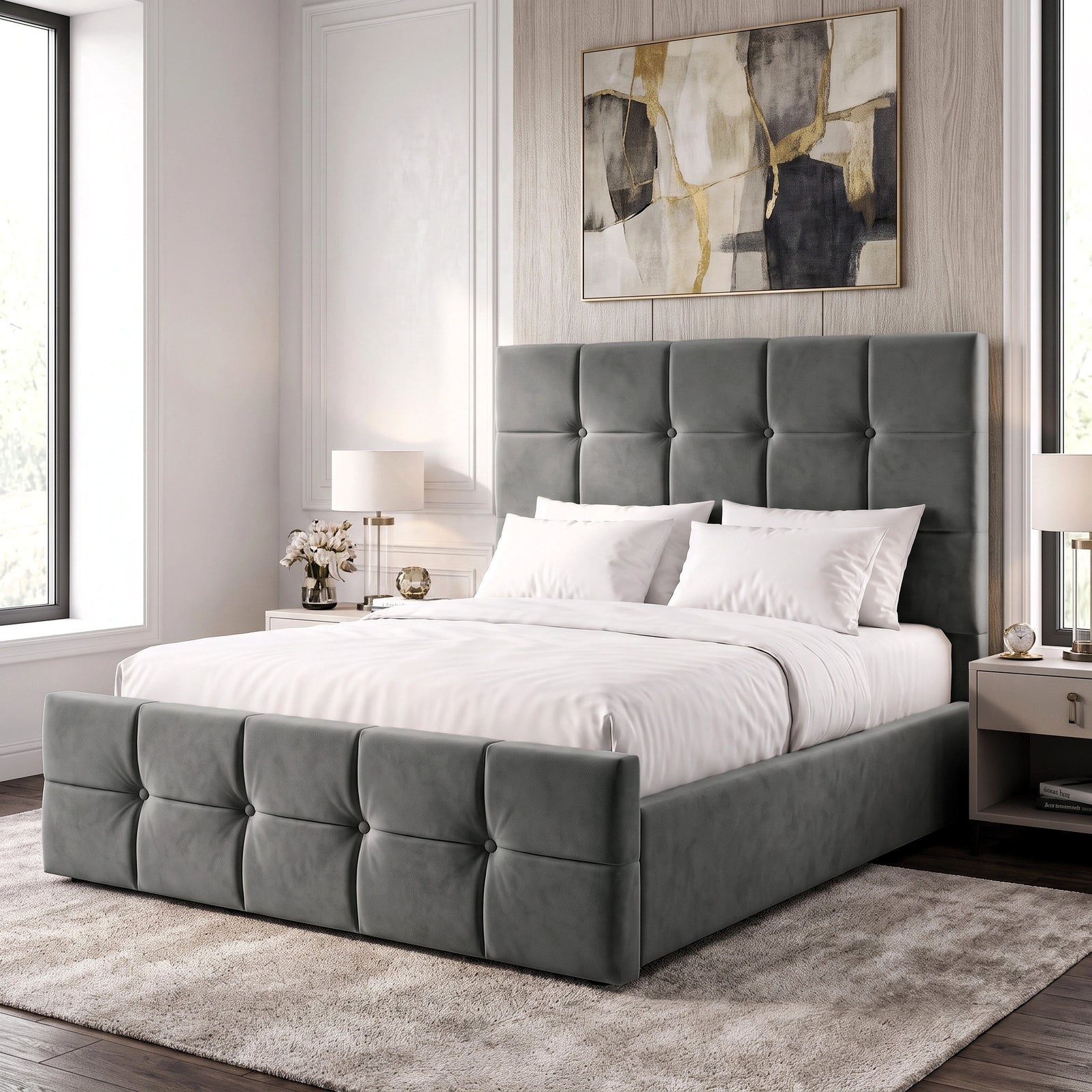 [Small Double | Dark Grey] upholstered bed frame in a modern bedroom setting, featuring a grey -colored headboard and footboard with a matching upholstered base, dressed in white and light gray bedding.