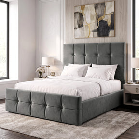 [Small Double | Dark Grey] upholstered bed frame in a modern bedroom setting, featuring a grey -colored headboard and footboard with a matching upholstered base, dressed in white and light gray bedding.