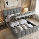 [Small Double | Dark Grey] Ottoman bed lifted open revealing deep storage filled with pillows and folded duvets in warm