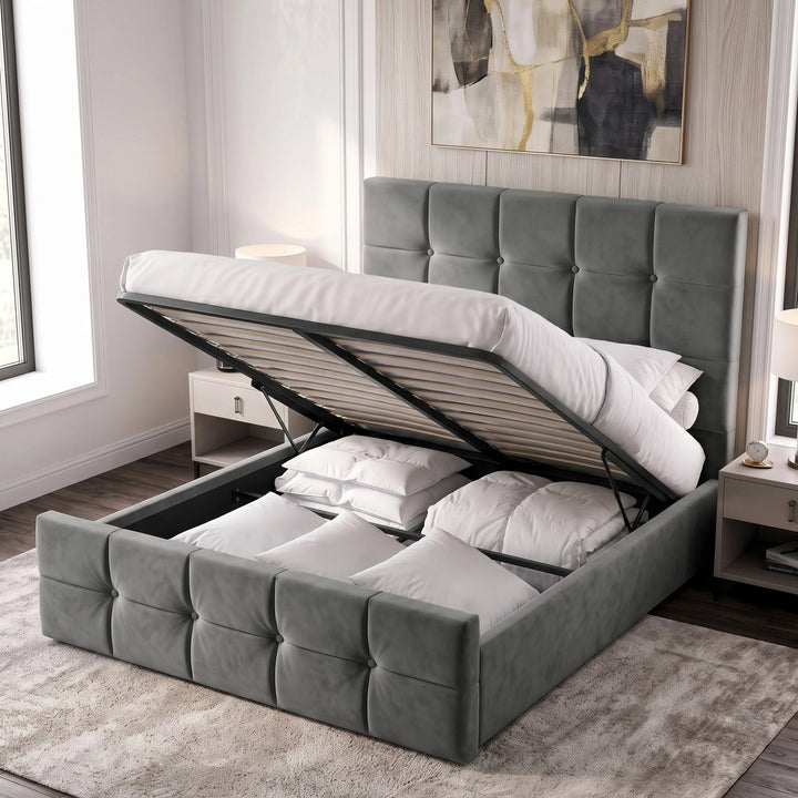 [Small Double | Dark Grey] upholstered bed frame with a tufted headboard and matching footboard, shown open to reveal white bedding and storage space underneath