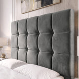 [Small Double | Dark Grey] tufted upholstered bed headboard with a matching bed frame, styled with white bedding in a modern bedroom setting with a oak wall