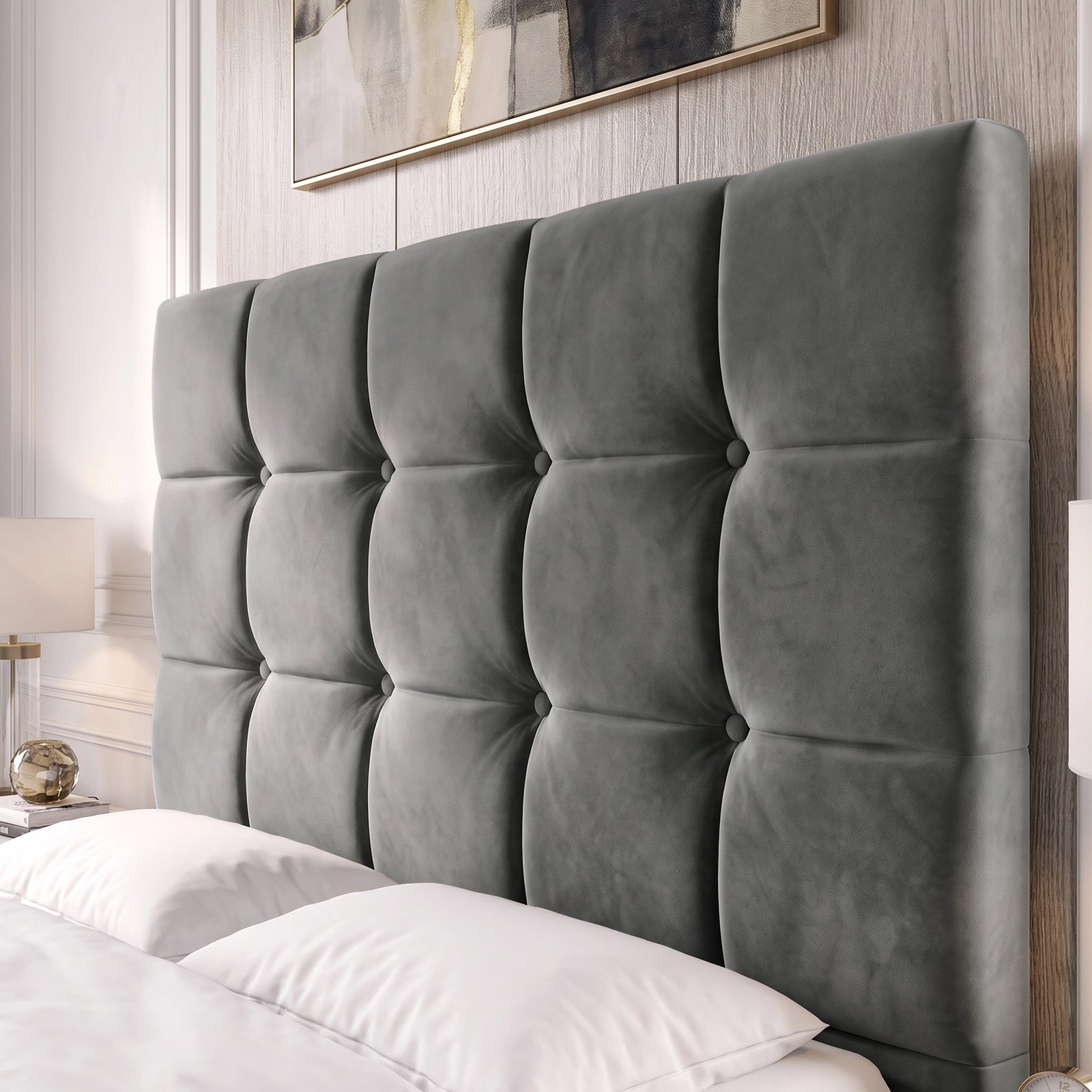 [Small Double | Dark Grey] tufted upholstered bed headboard with a matching bed frame, styled with white bedding in a modern bedroom setting with a oak wall