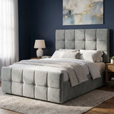 [Small Double | Grey] tufted velvet bed frame with a matching headboard and footboard, styled with white bedding in a bright, modern bedroom setting.
