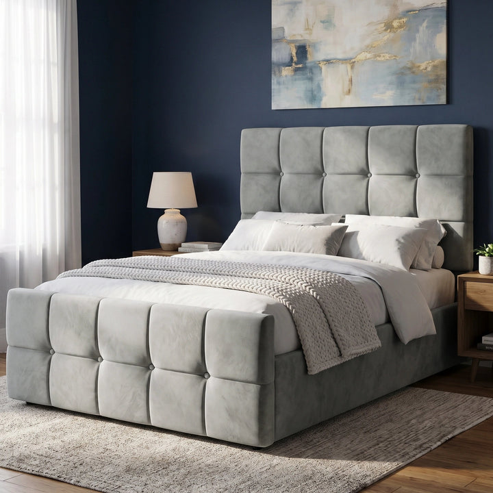 [Small Double | Grey] tufted velvet bed frame with a matching headboard and footboard, styled with white bedding in a bright, modern bedroom setting.