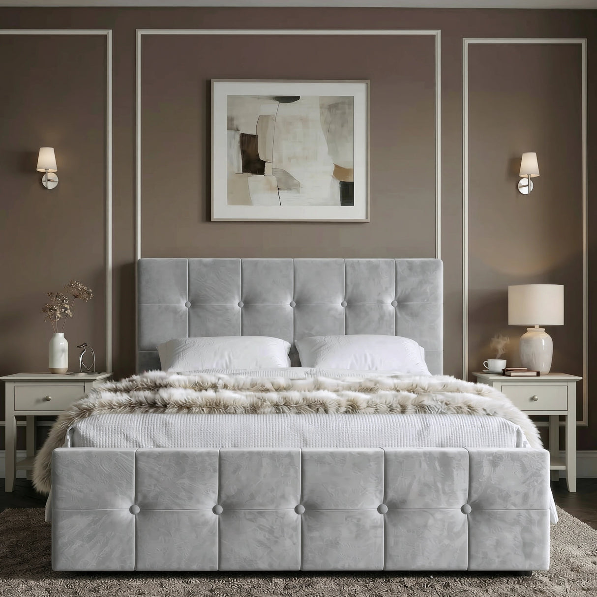 [Small Double | Grey] Front view of tufted ottoman bed centred between grey nightstands with brass wall sconces and abstract