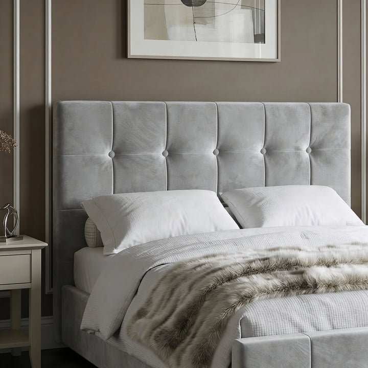 [Small Double | Grey] Close-up of square-tufted headboard with five covered buttons against taupe wall and white moulding