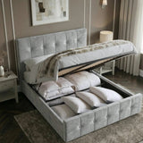 [Small Double | Grey] Ottoman bed lifted open showing deep storage with pillows and duvets in taupe moulded-wall room