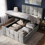 [Small Double | Grey] tufted velvet storage bed with its headboard and footboard lowered to reveal neatly folded bedding and towels inside the raised frame, shown in a styled bedroom setting