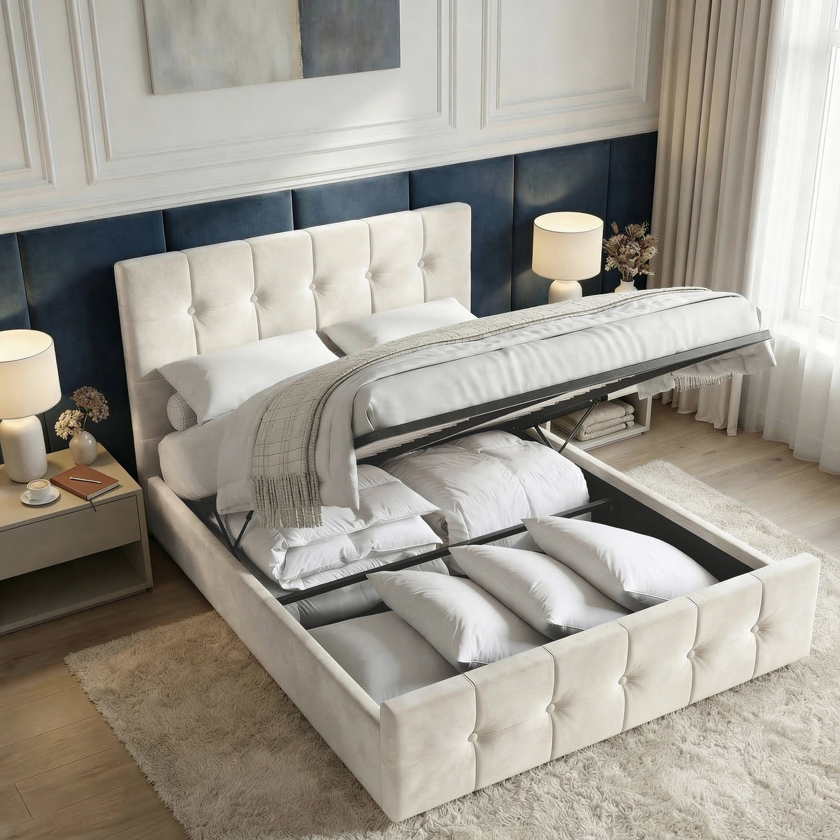 [Beige | Small Double] Overhead angle of velvet ottoman bed open displaying pillows stored beneath lift-up slatted base