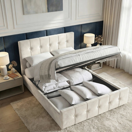 [Beige | Small Double] Overhead angle of velvet ottoman bed open displaying pillows stored beneath lift-up slatted base