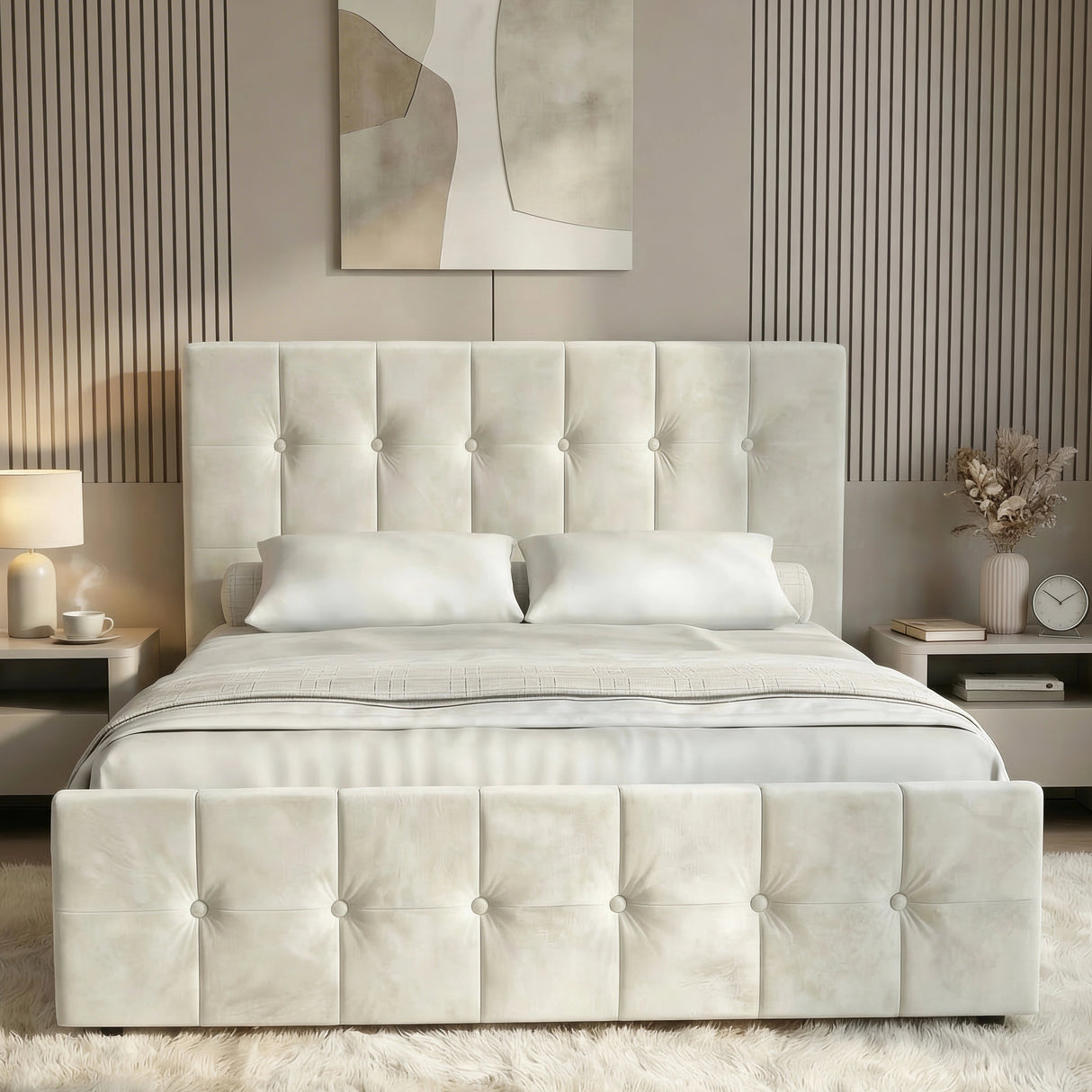 [King | Beige] Front view of king velvet ottoman bed with tufted headboard and footboard between floating nightstands