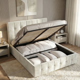 [King | Beige] Lift-up slatted base raised on gas pistons showing deep storage beneath king velvet ottoman bed