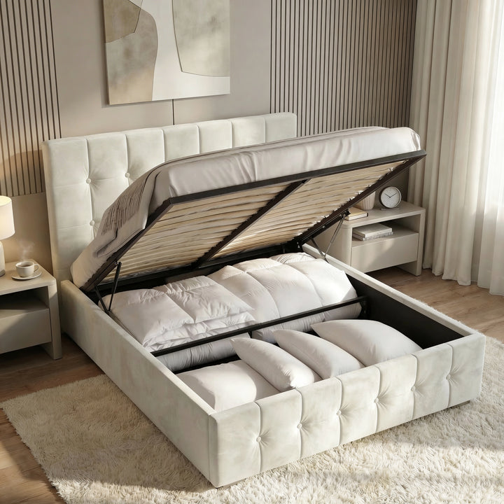 [King | Beige] Lift-up slatted base raised on gas pistons showing deep storage beneath king velvet ottoman bed