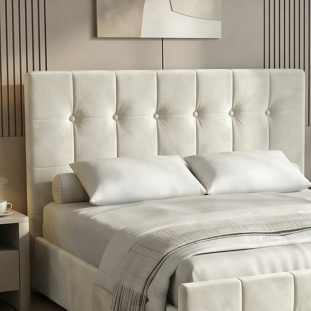 [King | Beige] Headboard close-up on king bed displaying deep square panelled tufting with self-covered button centres