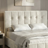 [King | Beige] Headboard close-up on king bed displaying deep square panelled tufting with self-covered button centres