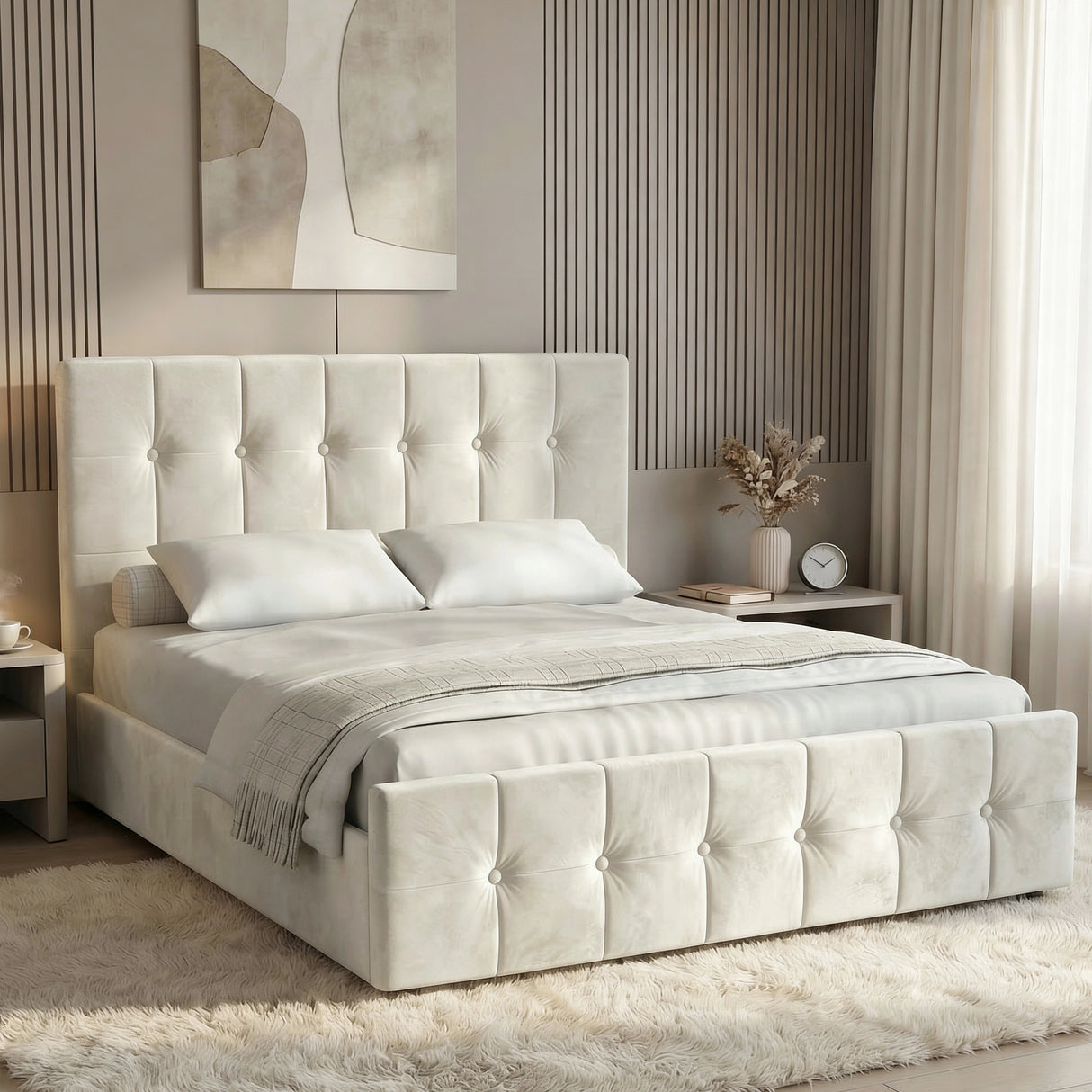 [King | Beige] Square velvet ottoman bed in king size styled with white bedding against vertical slatted wall panel
