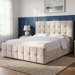 [King | Beige] upholstered bed frame with a tufted headboard and matching footboard, shown in a styled bedroom setting with white bedding, a beige throw blanket, marble nightstands, lamps, framed wall art, and a light rug.