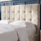 [King | Beige] Headboard close-up on king bed displaying deep square panelled tufting with self-covered button centre