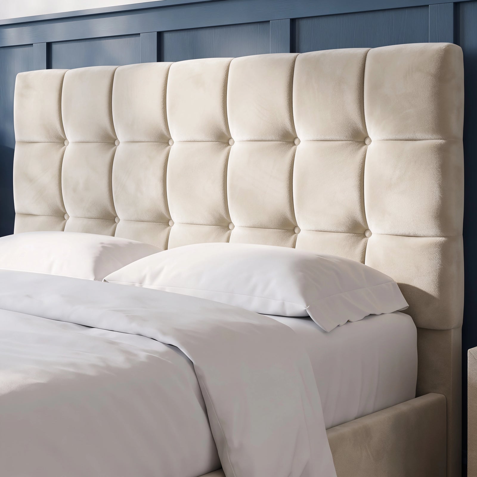 [King | Beige] Headboard close-up on king bed displaying deep square panelled tufting with self-covered button centre