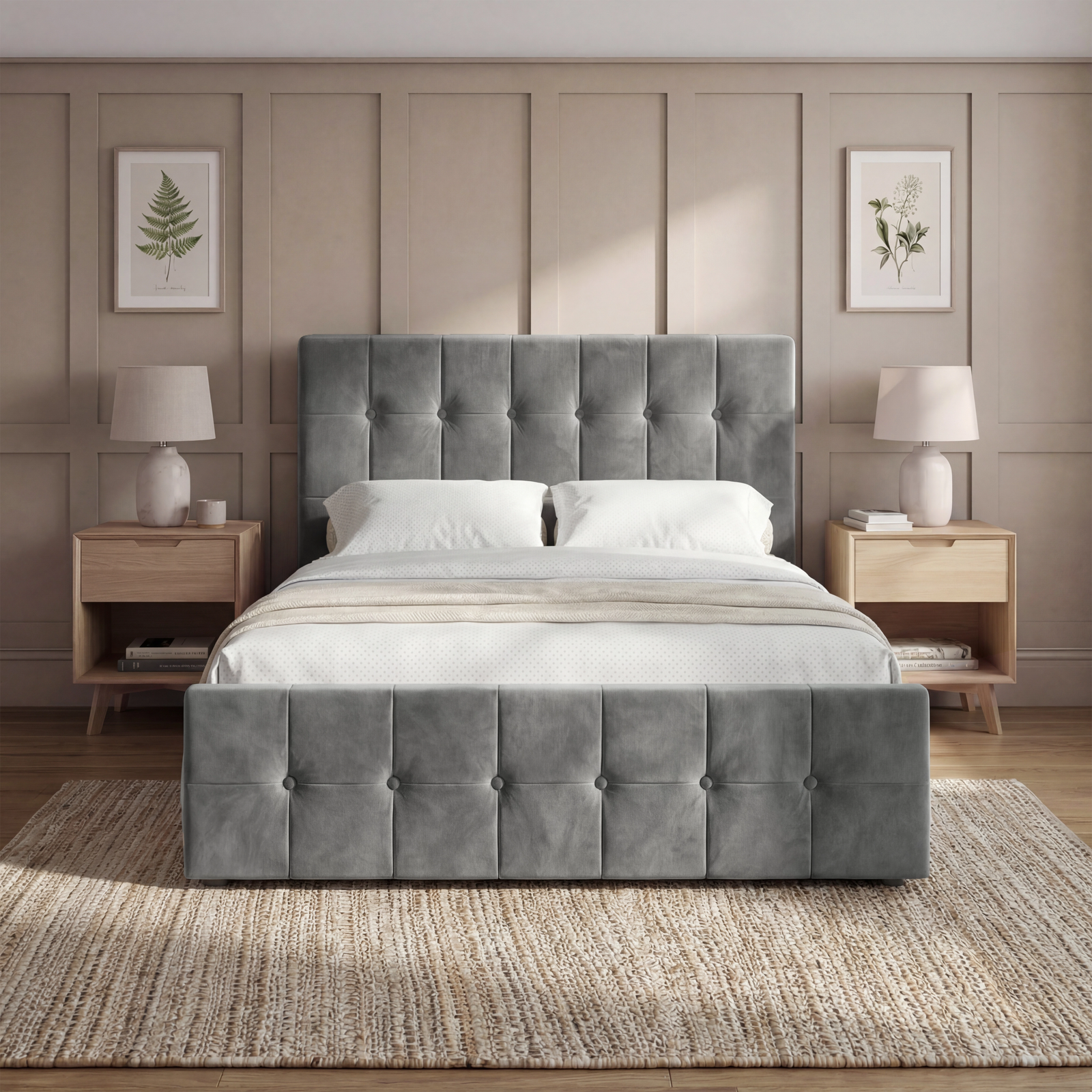 [King | Dark Grey] Front view of king velvet ottoman bed with tufted headboard and footboard between nightstands