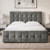 [King | Dark Grey] tufted velvet bed frame with a matching headboard and footboard, styled with white bedding in a modern bedroom setting.