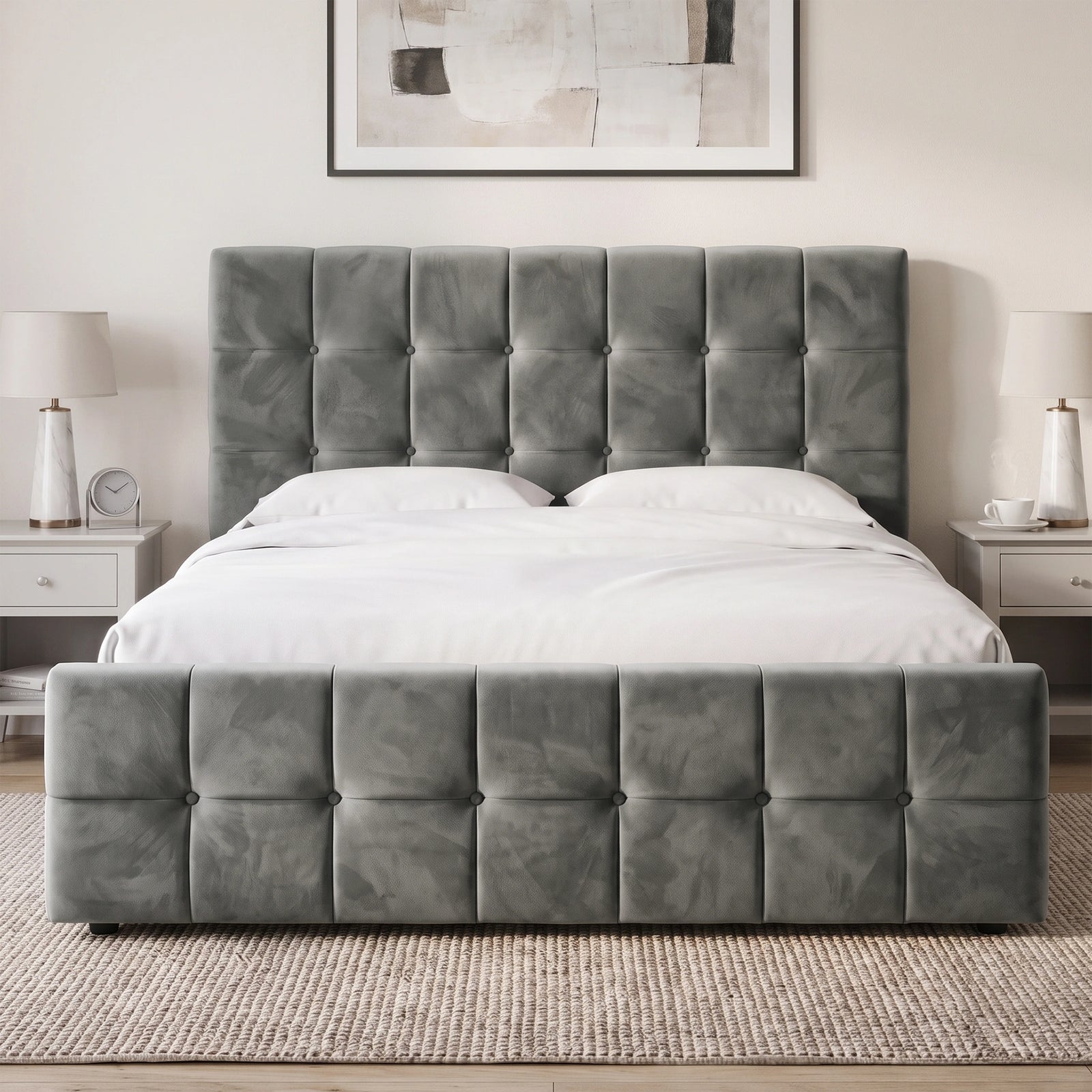 [King | Dark Grey] tufted velvet bed frame with a matching headboard and footboard, styled with white bedding in a modern bedroom setting.