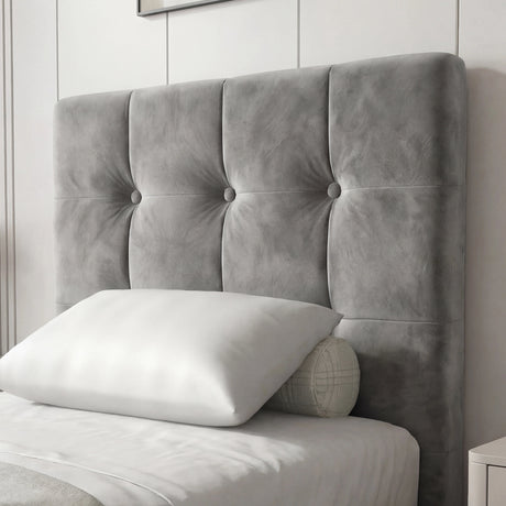 [Dark Grey | Single] Close-up of single velvet headboard with square tufting and button detail with single pillow below