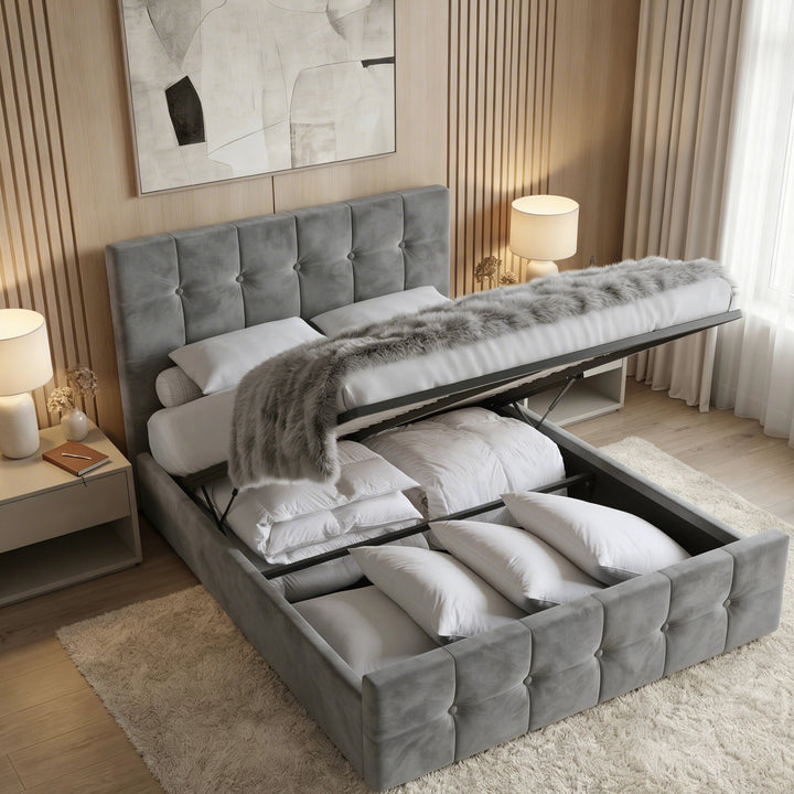 [Small Double | Dark Grey] Square ottoman bed in open position, internal storage visible with folded linens inside