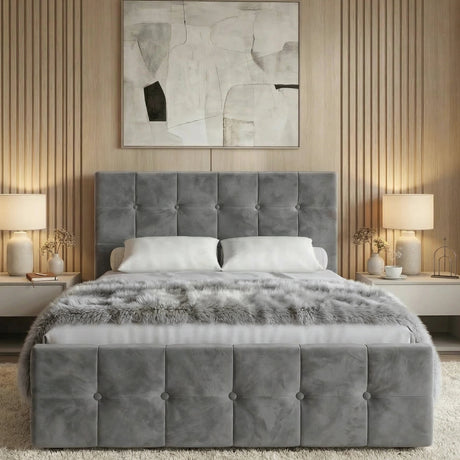 [Double | Dark Grey] Square ottoman bed front-on between twin lit lamps, faux fur throw on white bedding