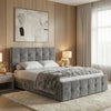 [Double | Dark Grey] Square ottoman bed dressed with faux fur throw beside slatted oak wall and framed artwork